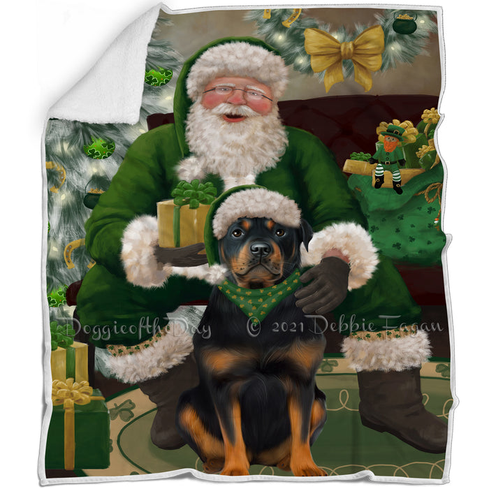 Christmas Irish Santa with Gift and Rottweiler Dog Blanket BLNKT141508