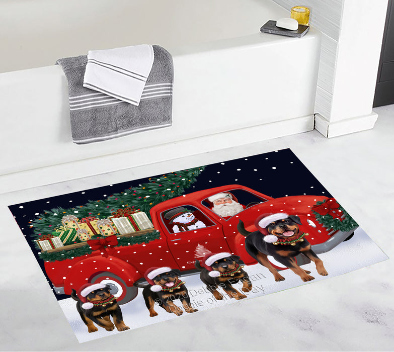 Christmas Express Delivery Red Truck Running Rottweiler Dogs Bath Mat BRUG53575