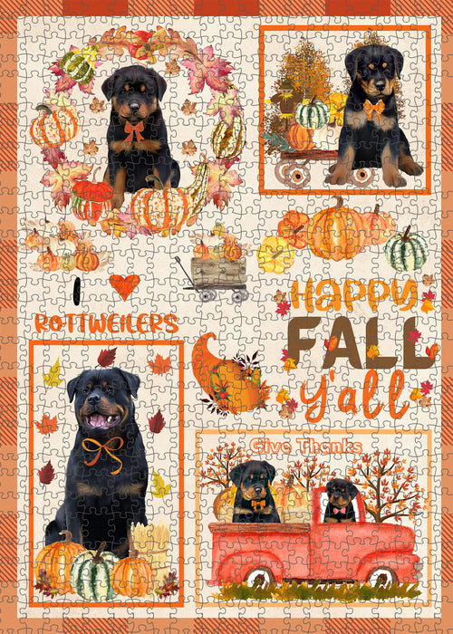 Happy Fall Y'all Pumpkin Rottweiler Dogs Portrait Jigsaw Puzzle for Adults Animal Interlocking Puzzle Game Unique Gift for Dog Lover's with Metal Tin Box