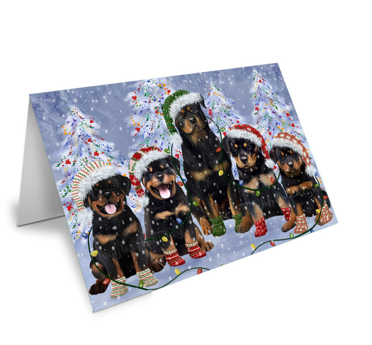 Christmas Lights and Rottweiler Dogs Handmade Artwork Assorted Pets Greeting Cards and Note Cards with Envelopes for All Occasions and Holiday Seasons