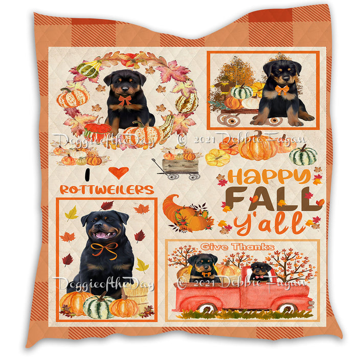 Happy Fall Y'all Pumpkin Rottweiler Dogs Quilt Bed Coverlet Bedspread - Pets Comforter Unique One-side Animal Printing - Soft Lightweight Durable Washable Polyester Quilt