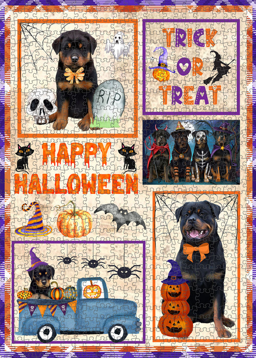 Happy Halloween Trick or Treat Rottweiler Dogs Portrait Jigsaw Puzzle for Adults Animal Interlocking Puzzle Game Unique Gift for Dog Lover's with Metal Tin Box