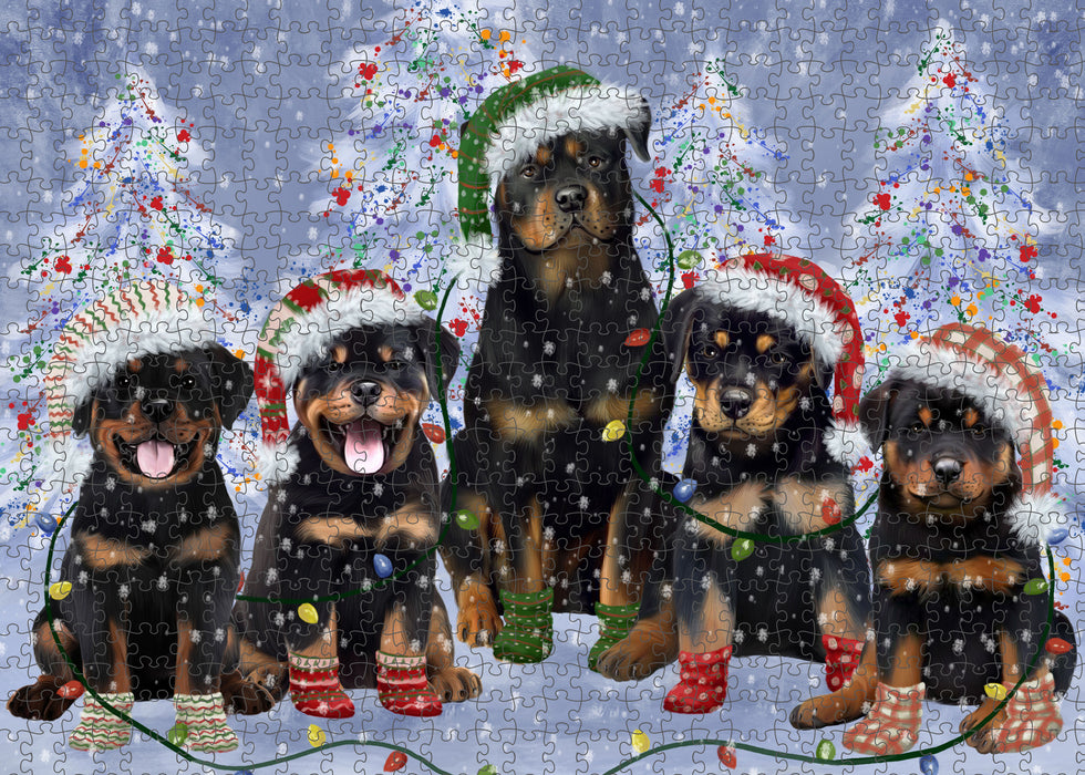 Christmas Lights and Rottweiler Dogs Portrait Jigsaw Puzzle for Adults Animal Interlocking Puzzle Game Unique Gift for Dog Lover's with Metal Tin Box