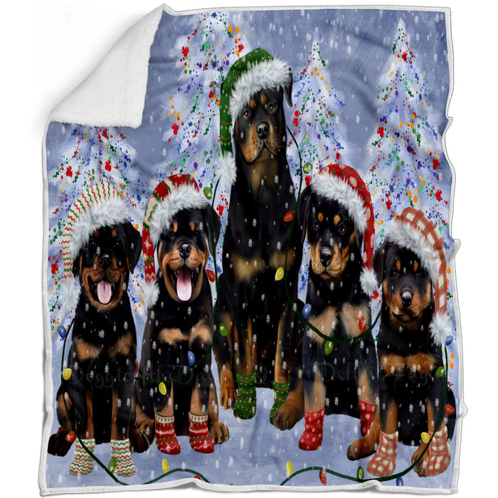 Christmas Lights and Rottweiler Dogs Blanket - Lightweight Soft Cozy and Durable Bed Blanket - Animal Theme Fuzzy Blanket for Sofa Couch