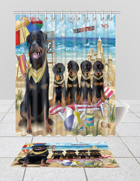 Pet Friendly Beach Rottweiler Dogs Bath Mat and Shower Curtain Combo