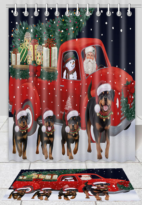 Christmas Express Delivery Red Truck Running Rottweiler Dogs Bath Mat and Shower Curtain Combo