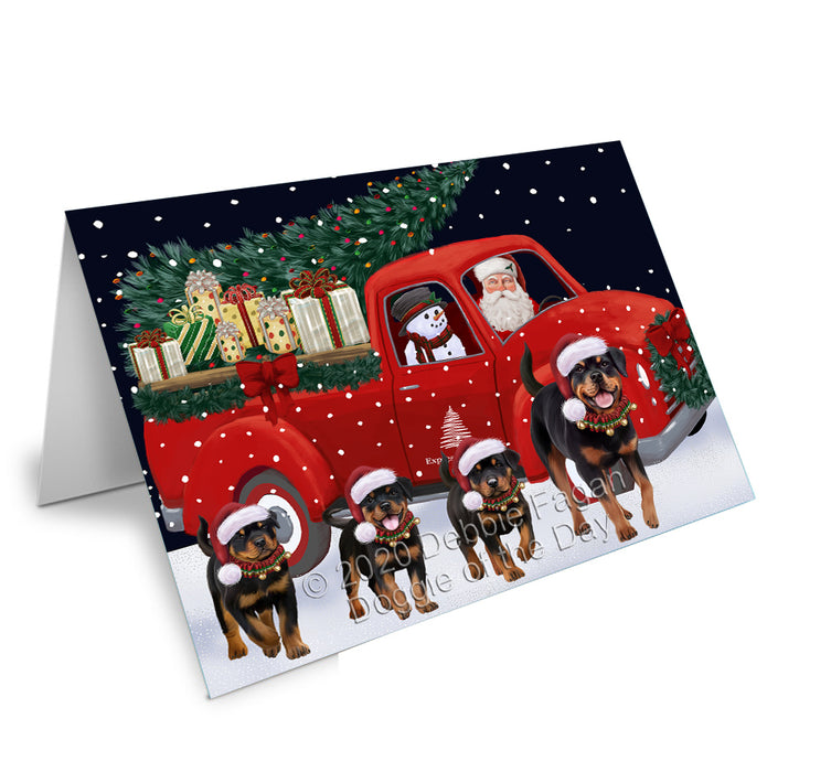 Christmas Express Delivery Red Truck Running Rottweiler Dogs Handmade Artwork Assorted Pets Greeting Cards and Note Cards with Envelopes for All Occasions and Holiday Seasons GCD75209