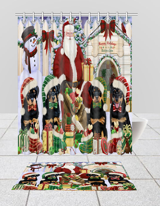 Happy Holidays Christmas Rottweiler Dogs House Gathering Bath Mat and Shower Curtain Combo