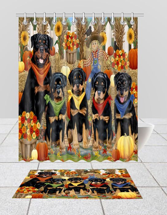 Fall Festive Harvest Time Gathering Rottweiler Dogs Bath Mat and Shower Curtain Combo