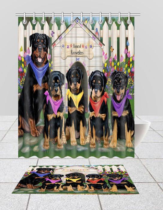 Spring Dog House Rottweiler Dogs Bath Mat and Shower Curtain Combo