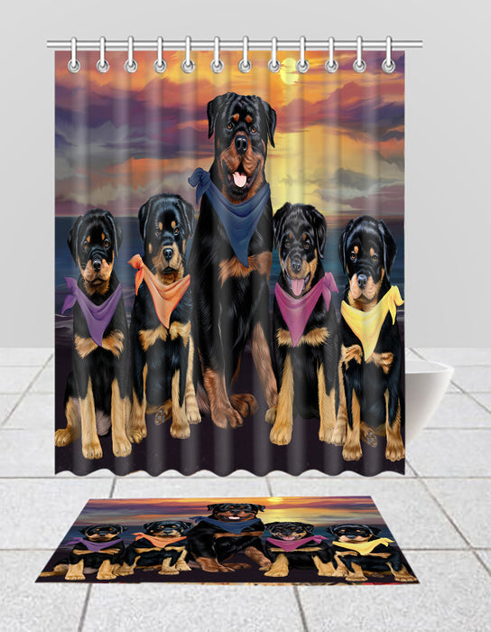 Family Sunset Portrait Rottweiler Dogs Bath Mat and Shower Curtain Combo