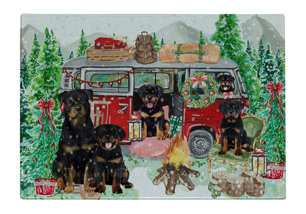 Christmas Time Camping with Rottweiler Dogs Cutting Board - For Kitchen - Scratch & Stain Resistant - Designed To Stay In Place - Easy To Clean By Hand - Perfect for Chopping Meats, Vegetables