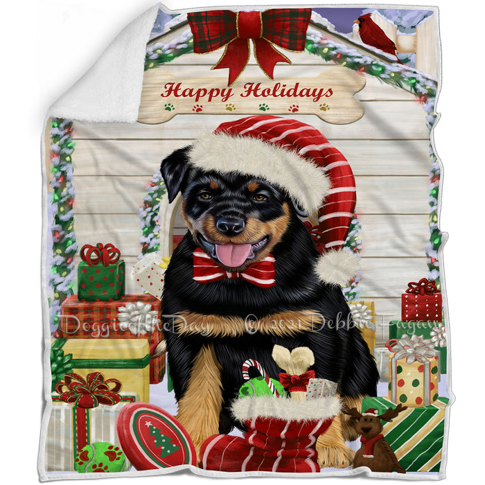 Happy Holidays Christmas Rottweiler Dog House With Presents Blanket BLNKT86007