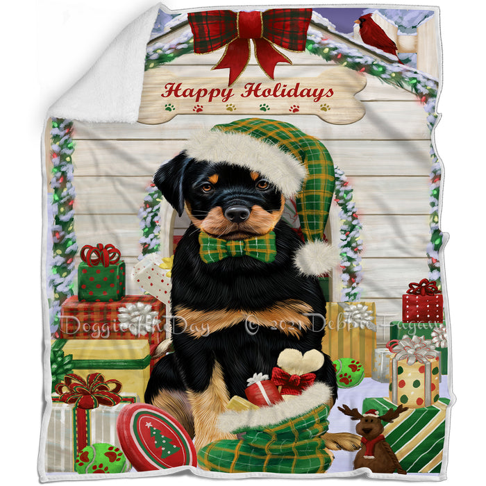 Happy Holidays Christmas Rottweiler Dog House With Presents Blanket BLNKT85980