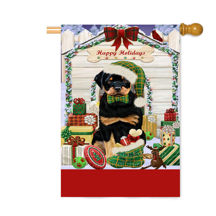 Personalized Happy Holidays Christmas Rottweiler Dog House with Presents Custom House Flag FLG-DOTD-A59421