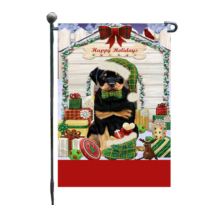 Personalized Happy Holidays Christmas Rottweiler Dog House with Presents Custom Garden Flags GFLG-DOTD-A59365