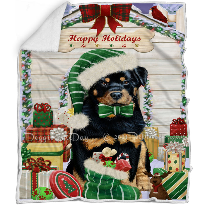 Happy Holidays Christmas Rottweiler Dog House With Presents Blanket BLNKT85989