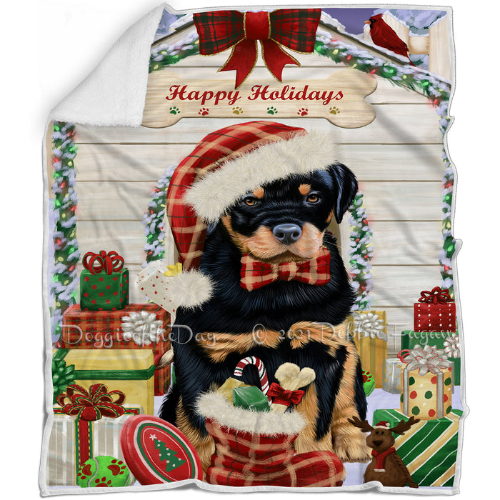 Happy Holidays Christmas Rottweiler Dog House With Presents Blanket BLNKT85998