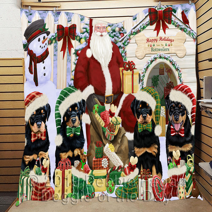 Happy Holidays Christmas Rottweiler Dogs House Gathering Quilt