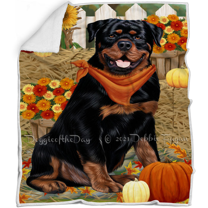 Fall Autumn Greeting Rottweiler Dog with Pumpkins Blanket BLNKT73677