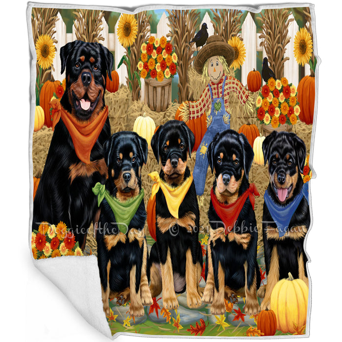 Fall Festive Gathering Rottweilers Dog with Pumpkins Blanket BLNKT73263