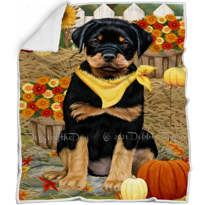 Fall Autumn Greeting Rottweiler Dog with Pumpkins Blanket BLNKT73686
