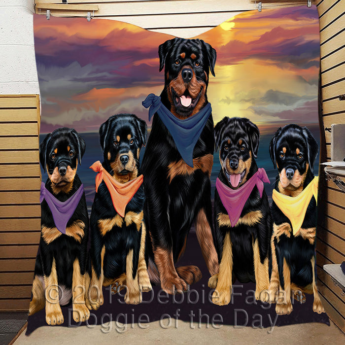 Family Sunset Portrait Rottweiler Dogs Quilt