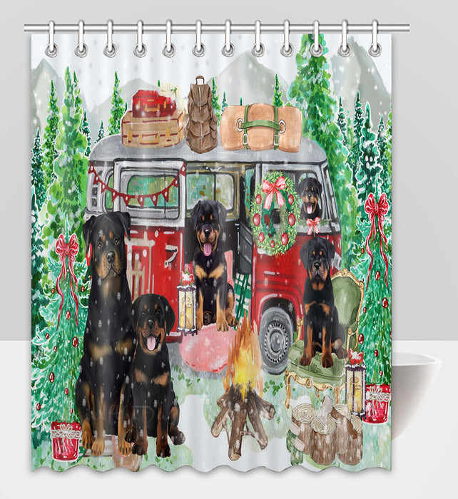 Christmas Time Camping with Rottweiler Dogs Shower Curtain Pet Painting Bathtub Curtain Waterproof Polyester One-Side Printing Decor Bath Tub Curtain for Bathroom with Hooks