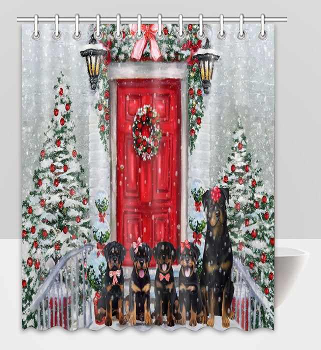 Christmas Holiday Welcome Rottweiler Dogs Shower Curtain Pet Painting Bathtub Curtain Waterproof Polyester One-Side Printing Decor Bath Tub Curtain for Bathroom with Hooks