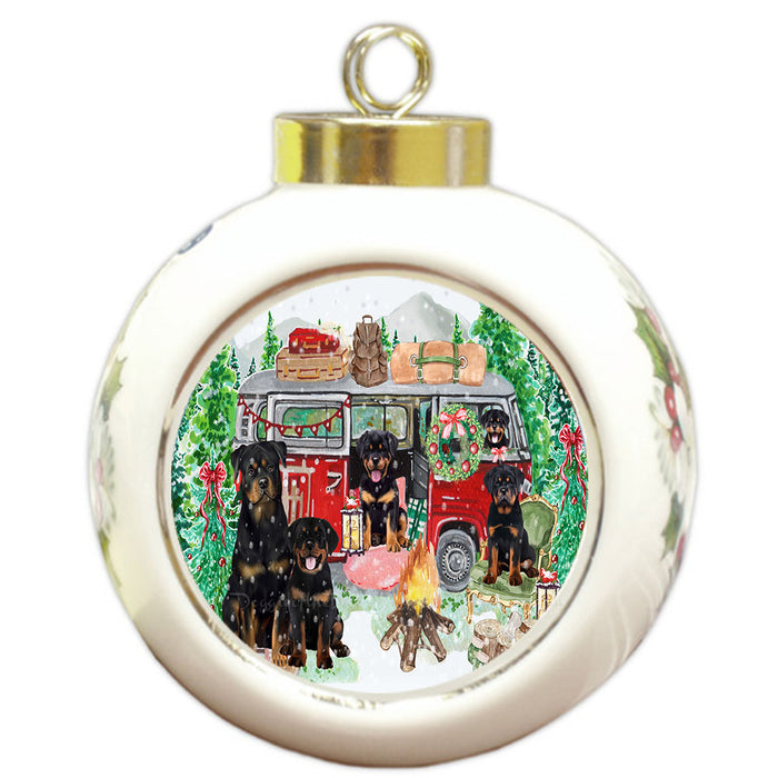 Christmas Time Camping with Rottweiler Dogs Round Ball Christmas Ornament Pet Decorative Hanging Ornaments for Christmas X-mas Tree Decorations - 3" Round Ceramic Ornament