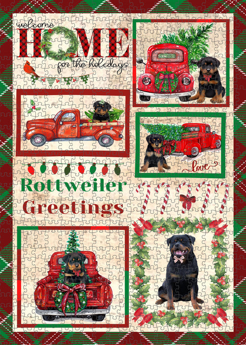 Welcome Home for Christmas Holidays Rottweiler Dogs Portrait Jigsaw Puzzle for Adults Animal Interlocking Puzzle Game Unique Gift for Dog Lover's with Metal Tin Box