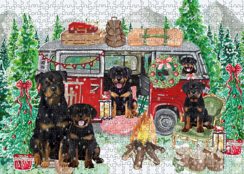 Christmas Time Camping with Rottweiler Dogs Portrait Jigsaw Puzzle for Adults Animal Interlocking Puzzle Game Unique Gift for Dog Lover's with Metal Tin Box