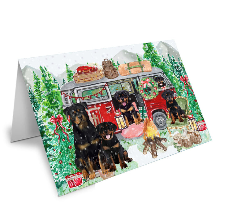 Christmas Time Camping with Rottweiler Dogs Handmade Artwork Assorted Pets Greeting Cards and Note Cards with Envelopes for All Occasions and Holiday Seasons