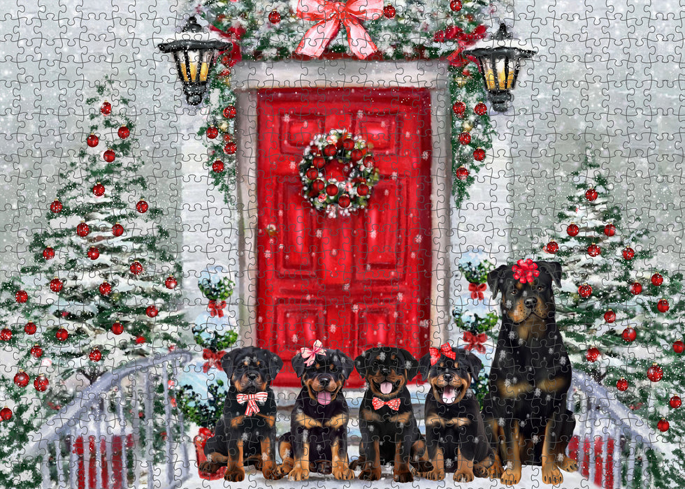 Christmas Holiday Welcome Rottweiler Dogs Portrait Jigsaw Puzzle for Adults Animal Interlocking Puzzle Game Unique Gift for Dog Lover's with Metal Tin Box