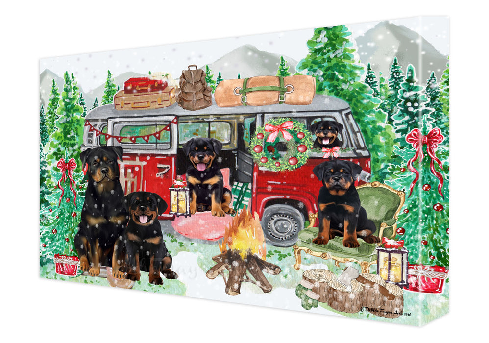 Christmas Time Camping with Rottweiler Dogs Canvas Wall Art - Premium Quality Ready to Hang Room Decor Wall Art Canvas - Unique Animal Printed Digital Painting for Decoration