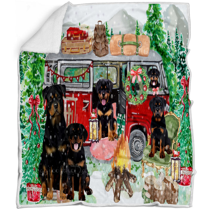 Christmas Time Camping with Rottweiler Dogs Blanket - Lightweight Soft Cozy and Durable Bed Blanket - Animal Theme Fuzzy Blanket for Sofa Couch