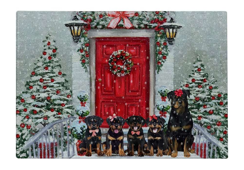 Christmas Holiday Welcome Rottweiler Dogs Cutting Board - For Kitchen - Scratch & Stain Resistant - Designed To Stay In Place - Easy To Clean By Hand - Perfect for Chopping Meats, Vegetables