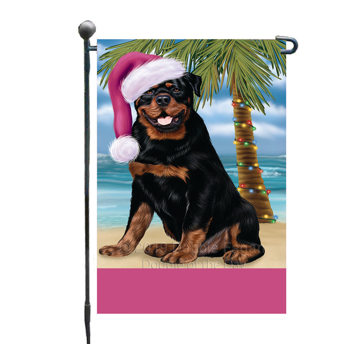 Personalized Summertime Happy Holidays Christmas Rottweiler Dog on Tropical Island Beach  Custom Garden Flags GFLG-DOTD-A60525