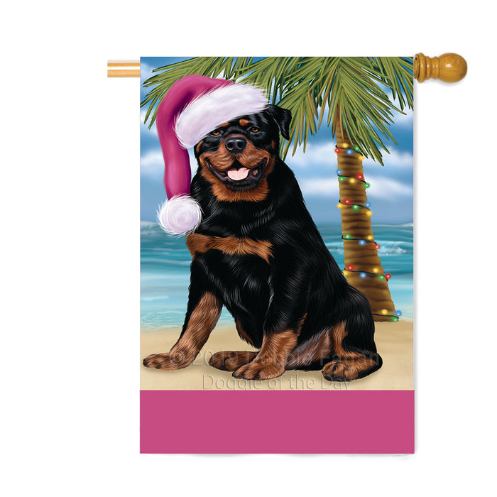Personalized Summertime Happy Holidays Christmas Rottweiler Dog on Tropical Island Beach Custom House Flag FLG-DOTD-A60581