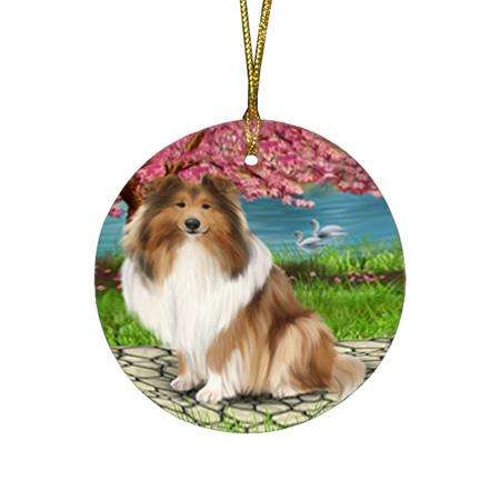 Rough Collie Dog Round Flat Christmas Ornament RFPOR54748