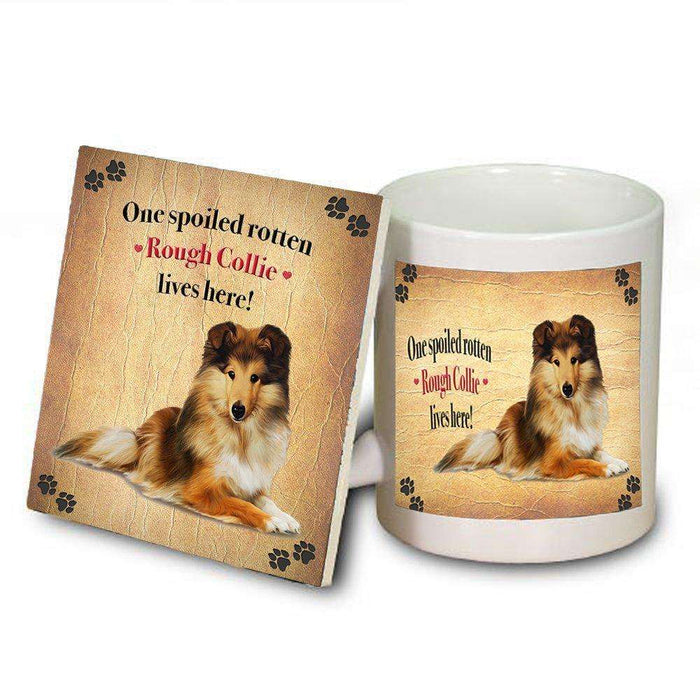 Rough Collie Portrait Spoiled Rotten Dog Coaster and Mug Combo Gift Set