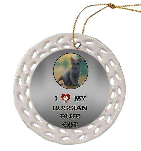 Russian Blue Cat Christmas Doily Ceramic Ornament