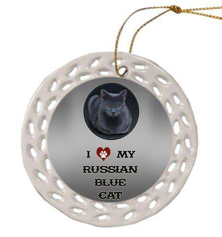 Russian Blue Cat Christmas Doily Ceramic Ornament