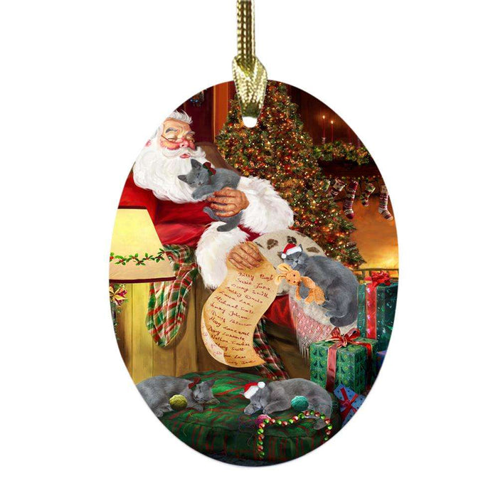 Russian Blue Cats and Kittens Sleeping with Santa Oval Glass Christmas Ornament OGOR49311