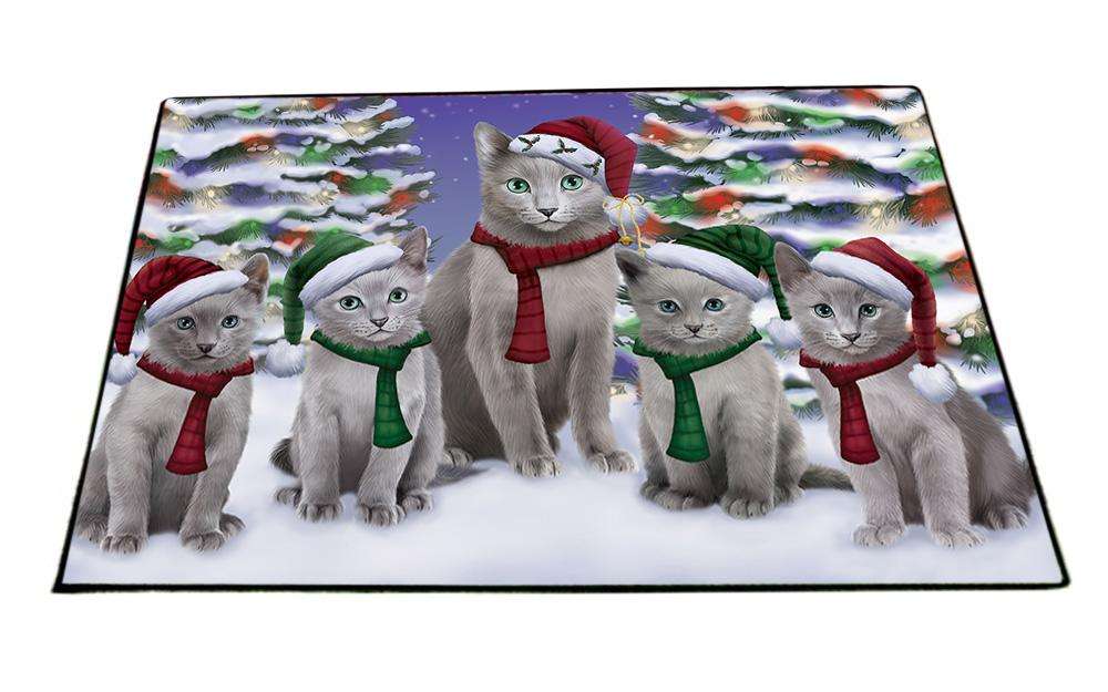 Russian Blue Cats Christmas Family Portrait in Holiday Scenic Background Floormat FLMS51951