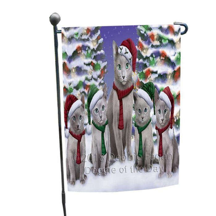 Russian Blue Cats Christmas Family Portrait in Holiday Scenic Background Garden Flag GFLG52663