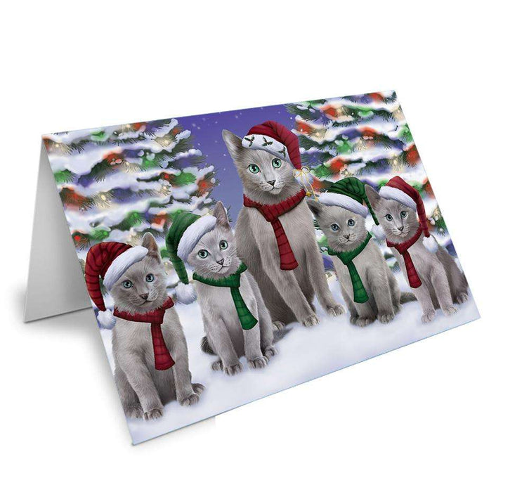 Russian Blue Cats Christmas Family Portrait in Holiday Scenic Background Handmade Artwork Assorted Pets Greeting Cards and Note Cards with Envelopes for All Occasions and Holiday Seasons GCD62183