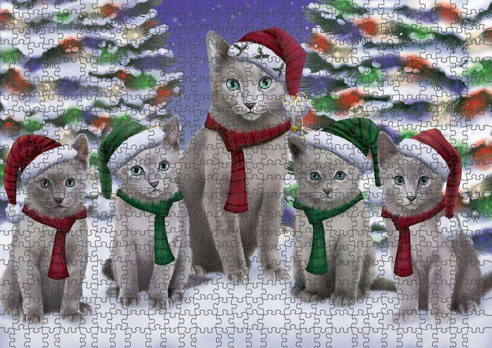 Russian Blue Cats Christmas Family Portrait in Holiday Scenic Background Puzzle with Photo Tin PUZL62085