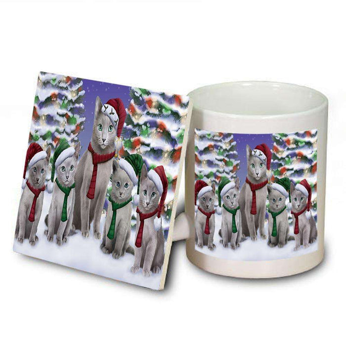 Russian Blue Cats Christmas Family Portrait in Holiday Scenic Background  Mug and Coaster Set MUC52710