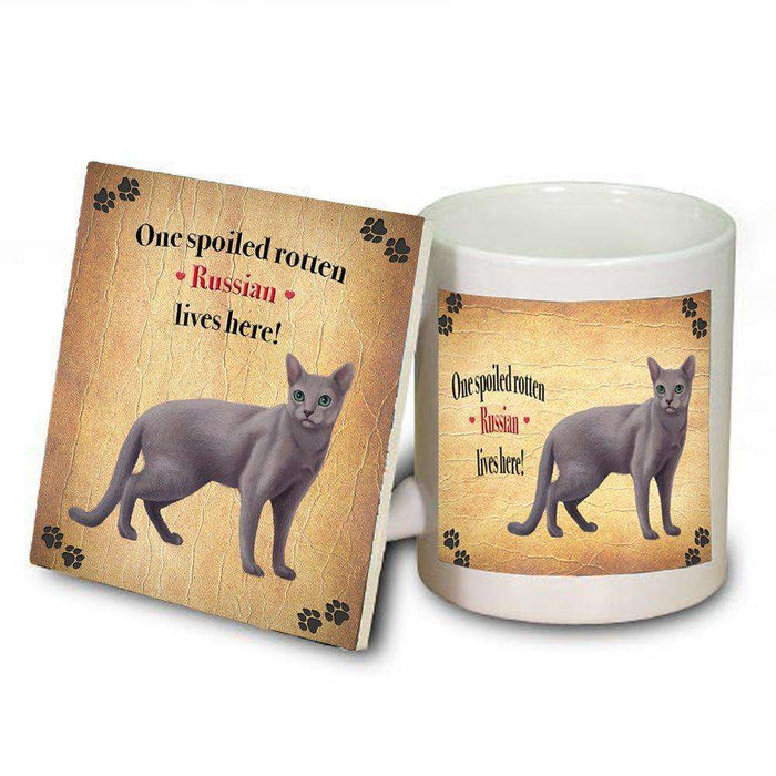 Russian Blue Portrait Spoiled Rotten Cat Coaster and Mug Combo Gift Set